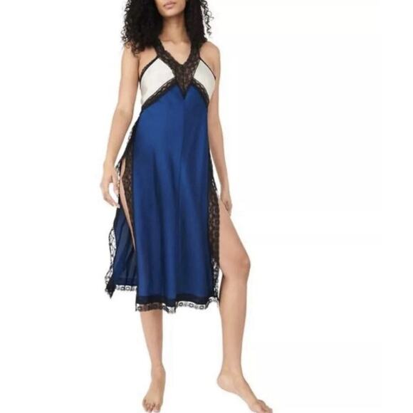 Free People Tri Me Women's Slip Dress XS Midi Sheer Black Blue White‎ Lace - Picture 1 of 16